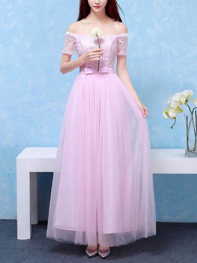 A-line Off-the-shoulder Lace Tulle Ankle-length with Sashes / Ribbons Bridesmaid Dresses #Milly01013406