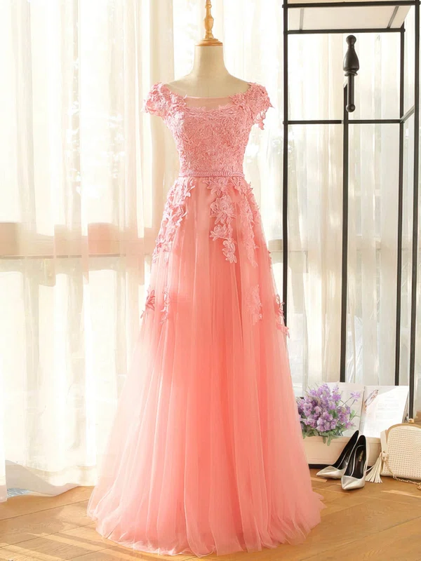 A-line Scoop Neck Tulle Floor-length with Appliques Lace Bridesmaid Dresses #Milly01013407