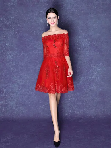 A-line Off-the-shoulder Tulle Short/Mini with Appliques Lace Bridesmaid Dresses #Milly01013423