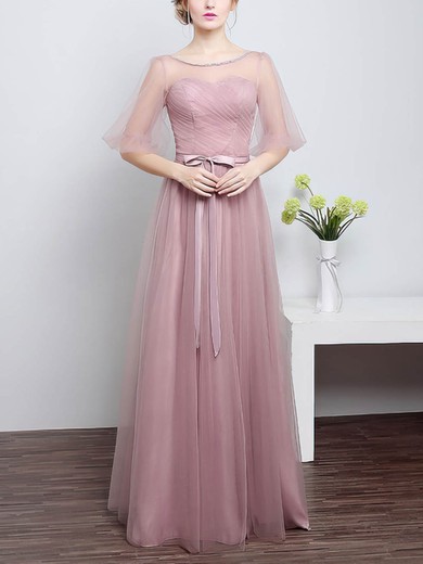 A-line Scoop Neck Tulle Floor-length with Sashes / Ribbons Bridesmaid Dresses #Milly01013430