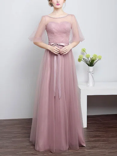 A-line Scoop Neck Tulle Floor-length with Sashes / Ribbons Bridesmaid Dresses #Milly01013430