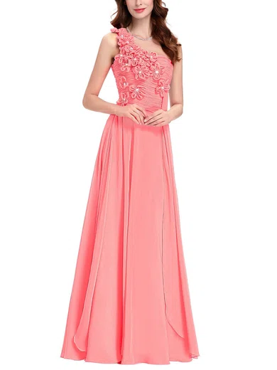 A-line One Shoulder Chiffon Floor-length with Crystal Detailing Bridesmaid Dresses #Milly01013431