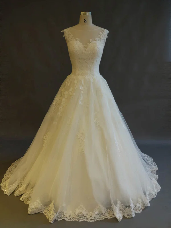 Ball Gown Illusion Tulle Sweep Train Wedding Dresses With Appliques Lace #Milly00022899