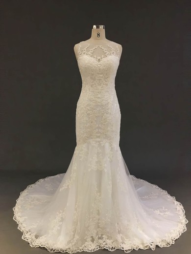 Trumpet/Mermaid Scoop Neck Tulle Court Train with Appliques Lace Wedding Dresses #Milly00022904