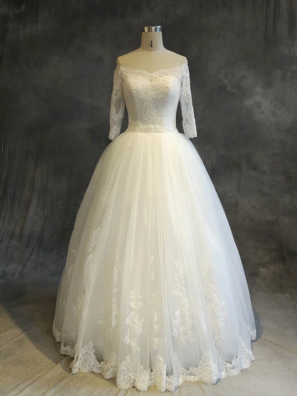 Ball Gown Off-the-shoulder Tulle Floor-length Wedding Dresses With Appliques Lace #Milly00022910