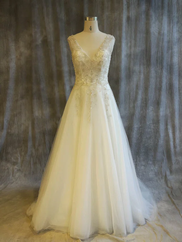 Ball Gown V-neck Tulle Sweep Train Wedding Dresses With Beading #Milly00022911