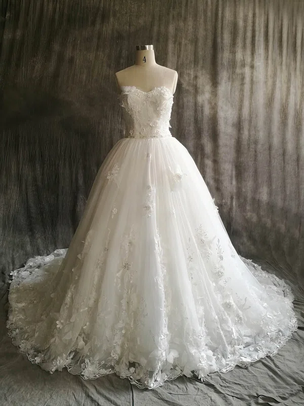 Ball Gown Sweetheart Tulle Court Train Wedding Dresses With Beading #Milly00022912