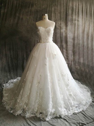 Ball Gown Sweetheart Tulle Court Train with Flower(s) Wedding Dresses #Milly00022912
