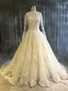 Ball Gown Illusion Tulle Chapel Train Wedding Dresses With Appliques Lace #Milly00022913