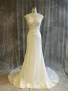 Trumpet/Mermaid V-neck Tulle Sweep Train Wedding Dresses With Appliques Lace #Milly00022914