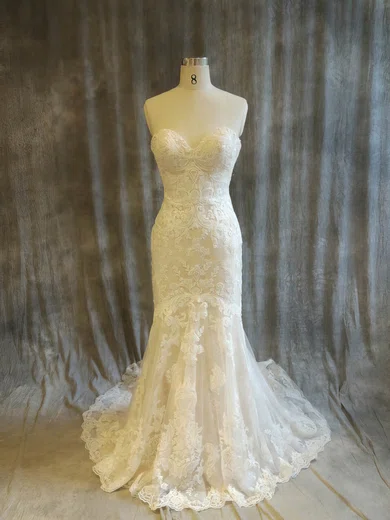 Trumpet/Mermaid Sweetheart Tulle Sweep Train Wedding Dresses With Appliques Lace #Milly00022915