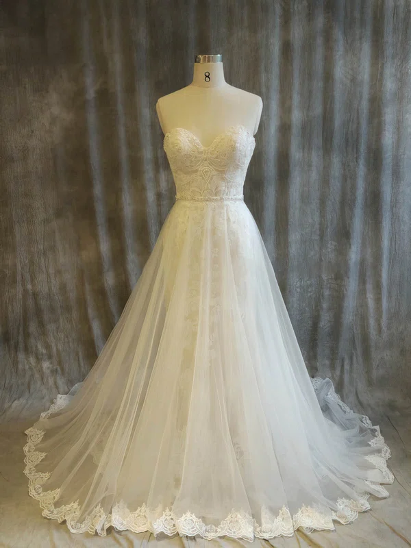 Ball Gown Sweetheart Lace Tulle Chapel Train Wedding Dresses With Appliques Lace #Milly00022916