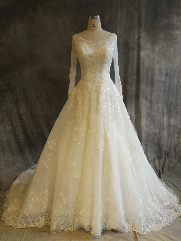 Ball Gown Illusion Tulle Chapel Train Wedding Dresses With Appliques Lace #Milly00022917