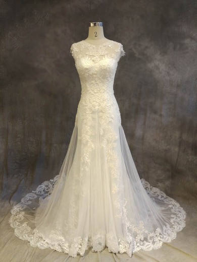 A-line Scoop Neck Tulle Chapel Train with Appliques Lace Wedding Dresses #Milly00022919