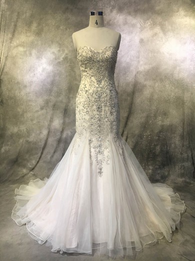 Trumpet/Mermaid Sweetheart Tulle Court Train with Pearl Detailing Wedding Dresses #Milly00022922