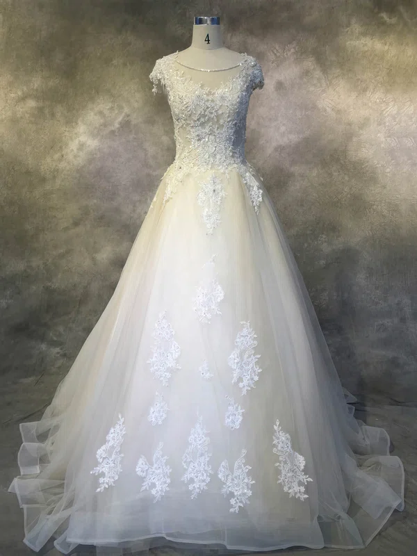 Ball Gown Illusion Tulle Court Train Wedding Dresses With Appliques Lace #Milly00022924