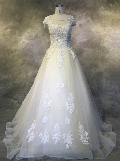 Ball Gown Scoop Neck Tulle Cathedral Train with Appliques Lace Wedding Dresses #Milly00022924
