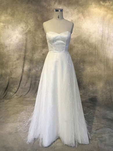 A-line Sweetheart Tulle Sweep Train with Ruffles Wedding Dresses #Milly00022926