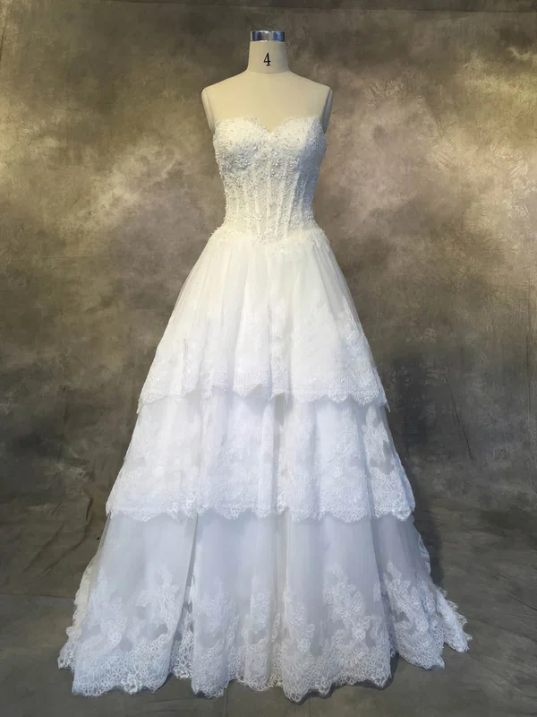 A-line Sweetheart Tulle Court Train with Appliques Lace Wedding Dresses #Milly00022927