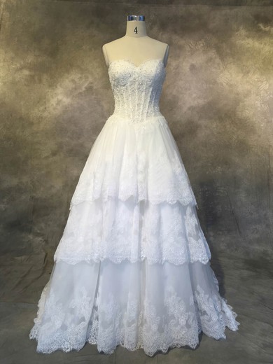 A-line Sweetheart Tulle Court Train with Appliques Lace Wedding Dresses #Milly00022927