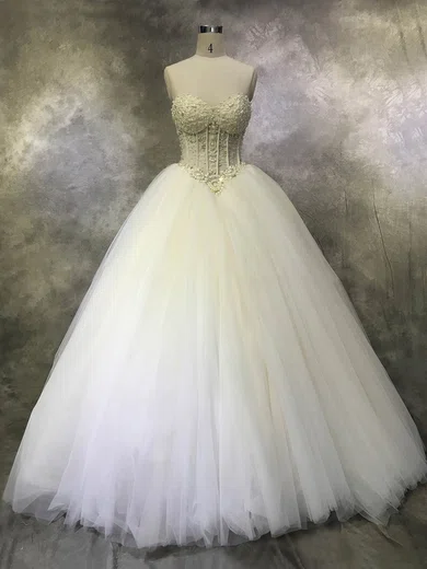 Ball Gown/Princess Sweetheart Tulle Floor-length Wedding Dresses With Pearl Detailing #Milly00022933