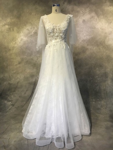 A-line V-neck Tulle Lace Court Train with Appliques Lace Wedding Dresses #Milly00022936