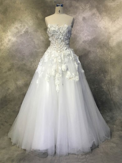 Ball Gown Straight Tulle Sweep Train Wedding Dresses With Appliques Lace #Milly00022937