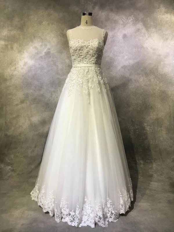 Ball Gown Illusion Tulle Floor-length Wedding Dresses With Appliques Lace #Milly00022939
