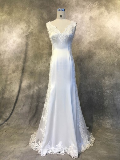 Trumpet/Mermaid V-neck Satin Tulle Court Train with Appliques Lace Wedding Dresses #Milly00022941