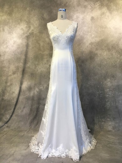 Trumpet/Mermaid V-neck Satin Tulle Court Train with Appliques Lace Wedding Dresses #Milly00022941