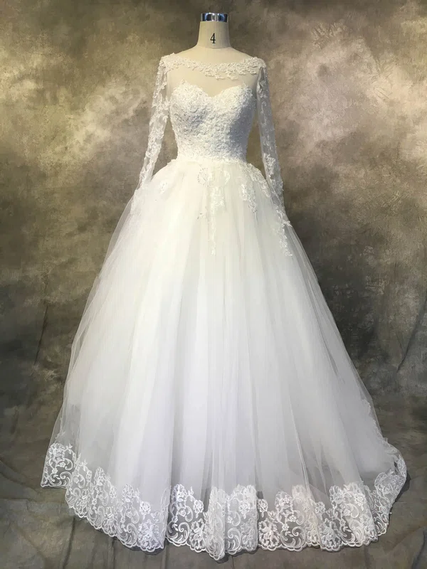 Ball Gown Illusion Tulle Chapel Train Wedding Dresses With Appliques Lace #Milly00022942
