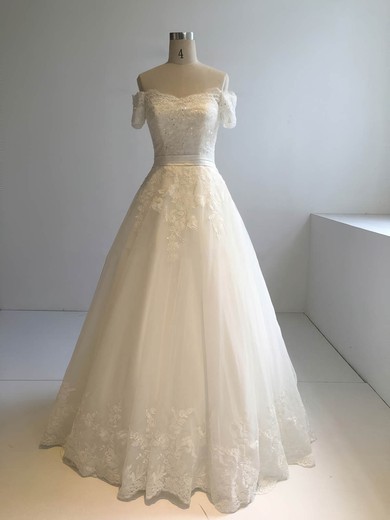 Ball Gown Off-the-shoulder Tulle Floor-length with Appliques Lace Wedding Dresses #Milly00022945