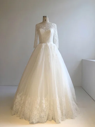 Ball Gown/Princess Illusion Tulle Floor-length Wedding Dresses With Appliques Lace #Milly00022948