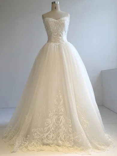 Ball Gown/Princess V-neck Tulle Floor-length Wedding Dresses With Beading #Milly00022955