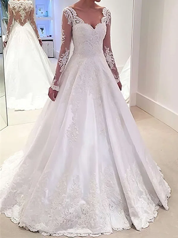 Ball Gown V-neck Satin Sweep Train Wedding Dresses With Appliques Lace #Milly00022958