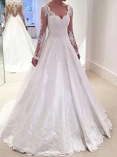 Ball Gown/Princess V-neck Satin Sweep Train Wedding Dresses With Appliques Lace #Milly00022958