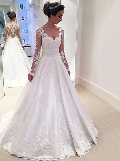 Ball Gown V-neck Satin Sweep Train Wedding Dresses With Appliques Lace #Milly00022958