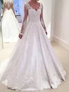 Ball Gown V-neck Satin Sweep Train Wedding Dresses With Appliques Lace #Milly00022958