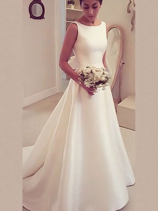 Ball Gown Scoop Neck Tulle Stretch Crepe Sweep Train Wedding Dresses With  Cascading Ruffles 