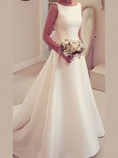 Ball Gown/Princess Scoop Neck Satin Sweep Train Wedding Dresses With Bow #Milly00022964