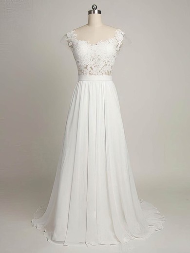 A-line Scoop Neck Tulle Chiffon Sweep Train with Appliques Lace Wedding Dresses #Milly00022968