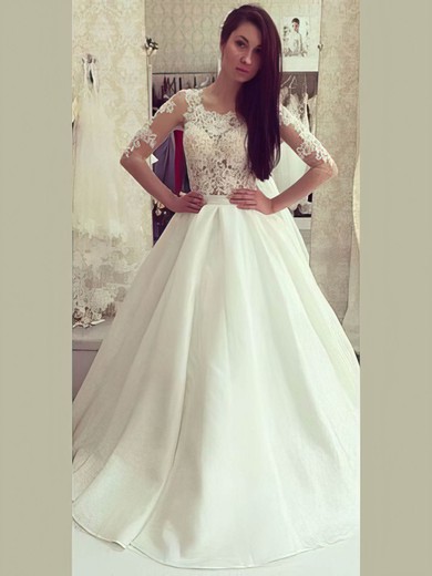 Ball Gown Illusion Satin Sweep Train Wedding Dresses With Appliques Lace #Milly00022973