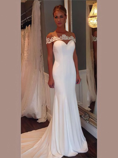 Trumpet/Mermaid Scoop Neck Tulle Silk-like Satin Sweep Train with Appliques Lace Wedding Dresses #Milly00022974