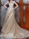 Ball Gown Illusion Tulle Sweep Train Wedding Dresses With Appliques Lace #Milly00022976