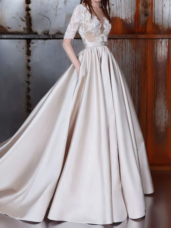 Ball Gown Illusion Satin Court Train Wedding Dresses With Sashes / Ribbons #Milly00022977