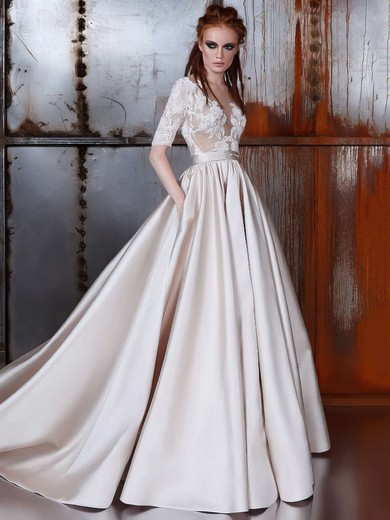 Ball Gown Scoop Neck Satin Tulle Court Train with Sashes / Ribbons Wedding Dresses #Milly00022977