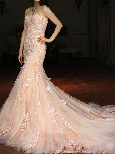 Trumpet/Mermaid Sweetheart Tulle Court Train Wedding Dresses With Appliques Lace #Milly00022981