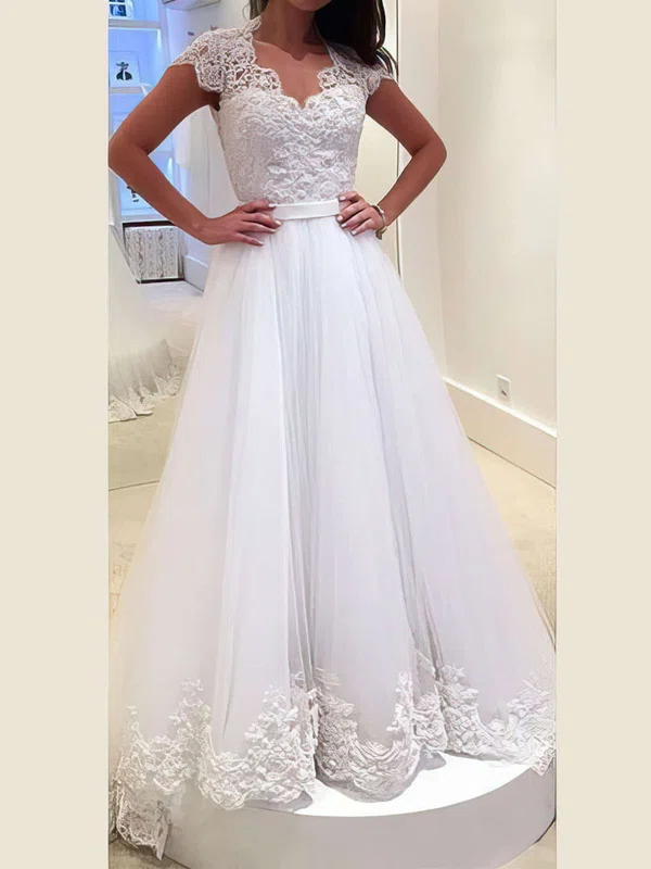 Ball Gown/Princess V-neck Tulle Sweep Train Wedding Dresses With Sashes / Ribbons #Milly00022982