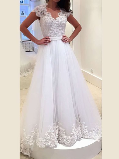 Ball Gown V-neck Tulle Sweep Train Wedding Dresses With Sashes / Ribbons #Milly00022982