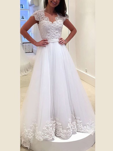 Ball Gown V-neck Tulle Sweep Train Wedding Dresses With Sashes / Ribbons #Milly00022982